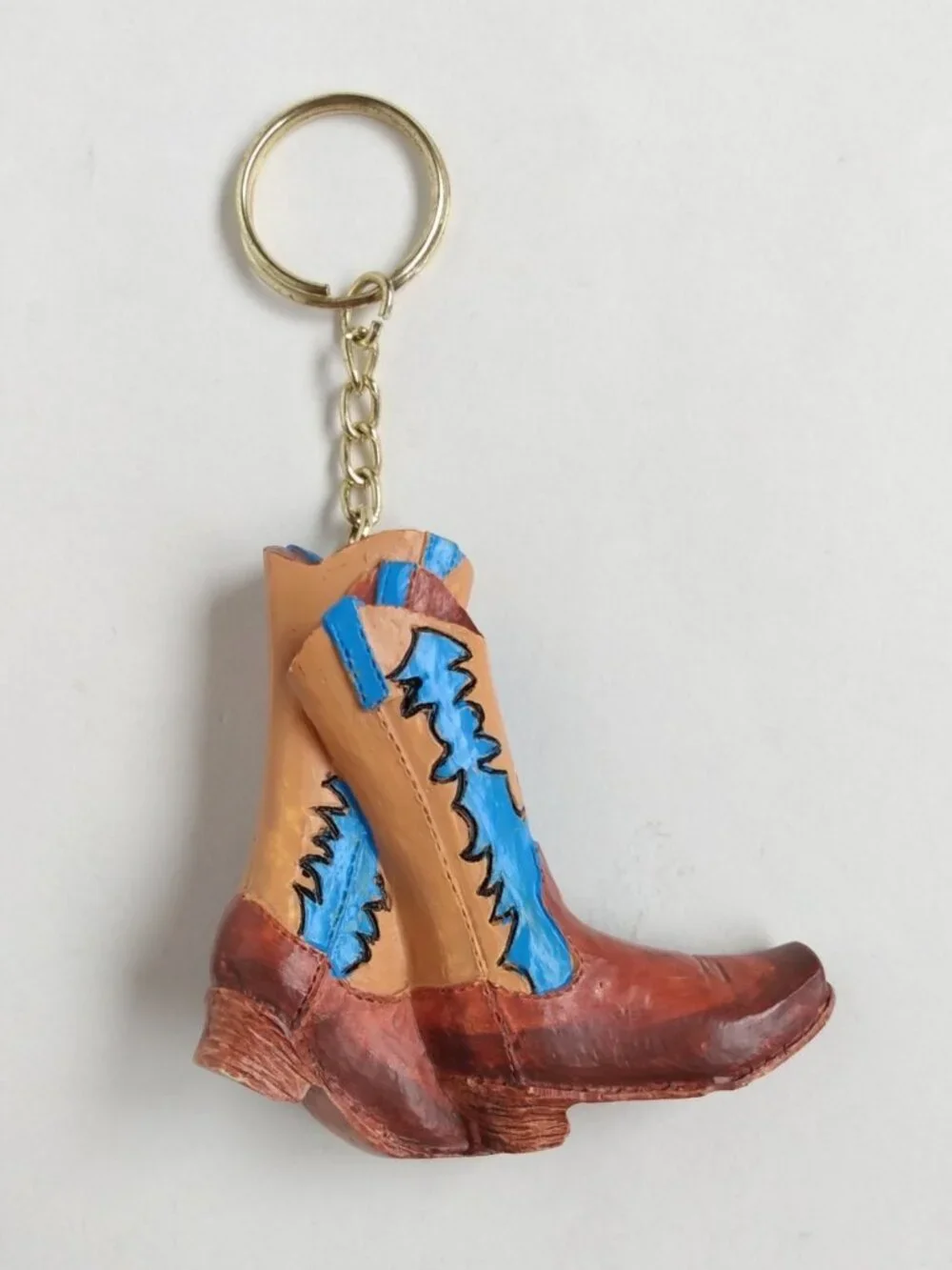 Vtg Tiny Pair of Cowboy Boots Keychain Keyring Hand Painted Blue Brown Western